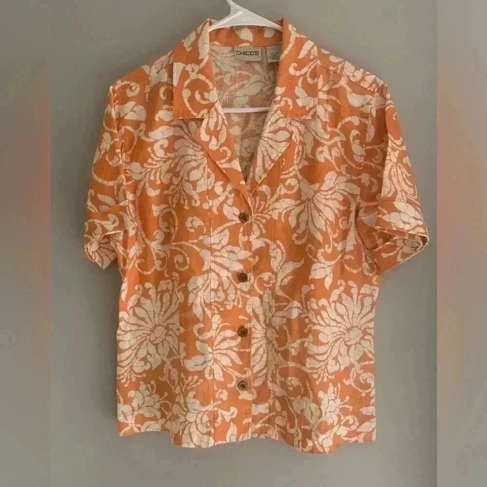 Woman’s Chico’s Orange Paisley Linen Short Sleeve Button Down Vacation Top Sz1